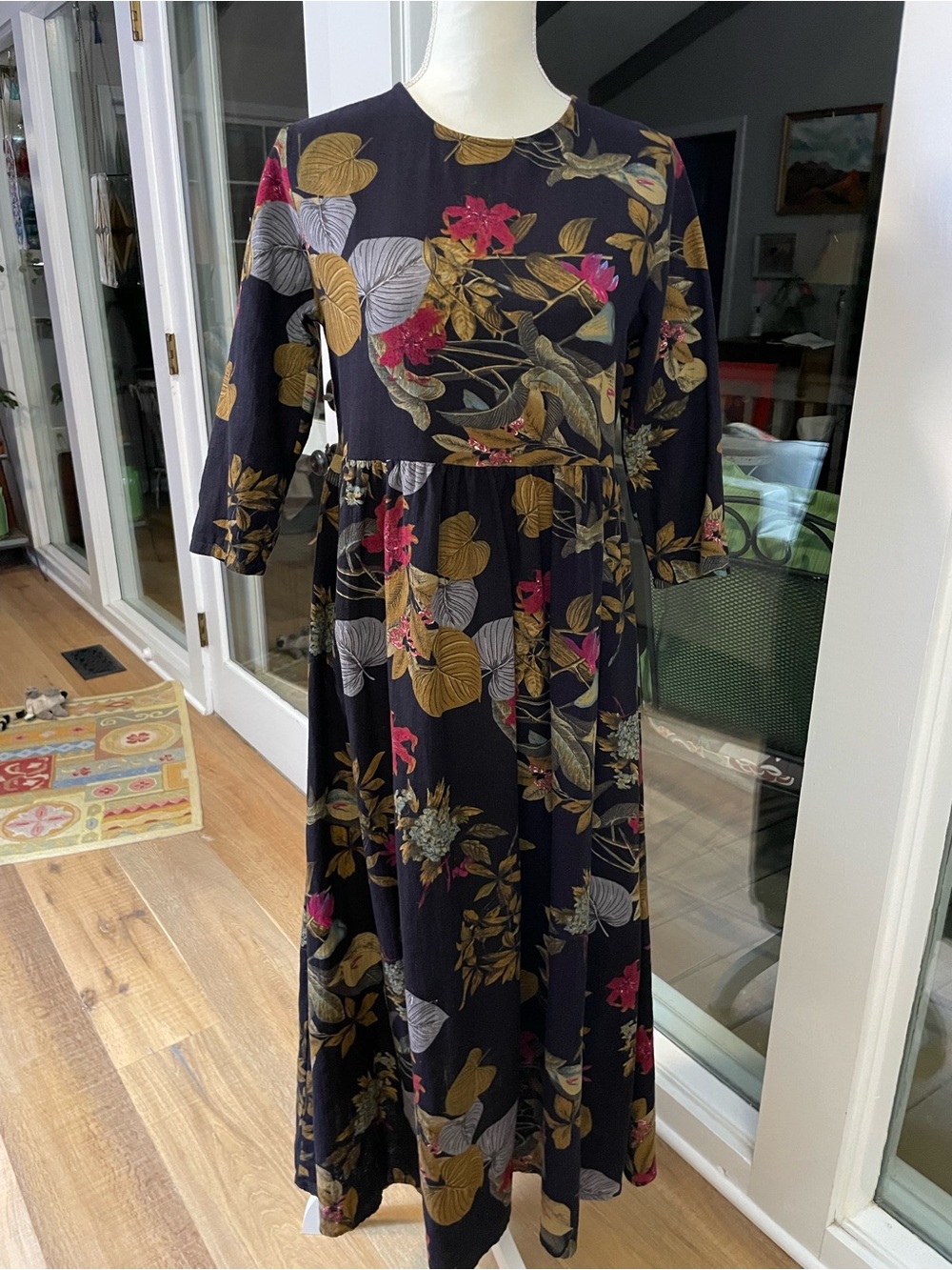 Black Floral Midi or Maxi (depends on your height Dress with Gold & Pink Accents